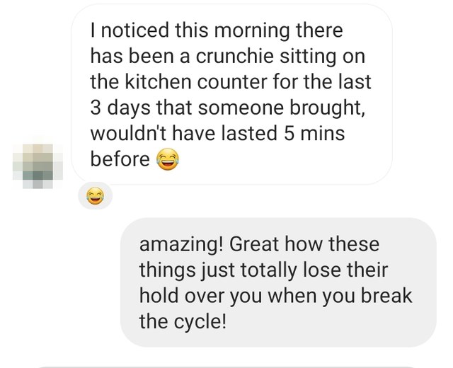 Client message with meal photo: food ready when I come in from work, totally transforming