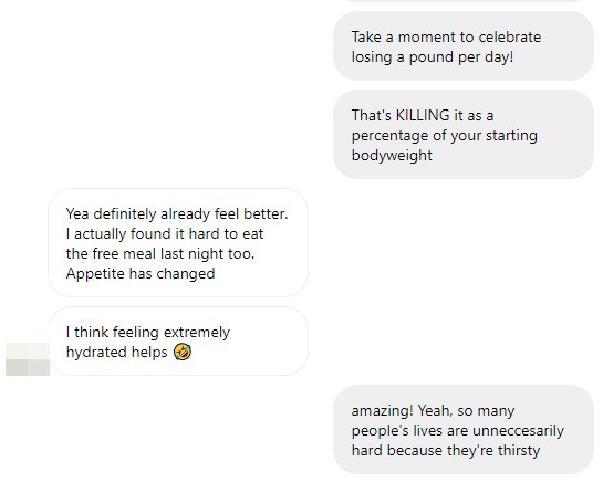 Client message: down 4kg, a kilo a day so far