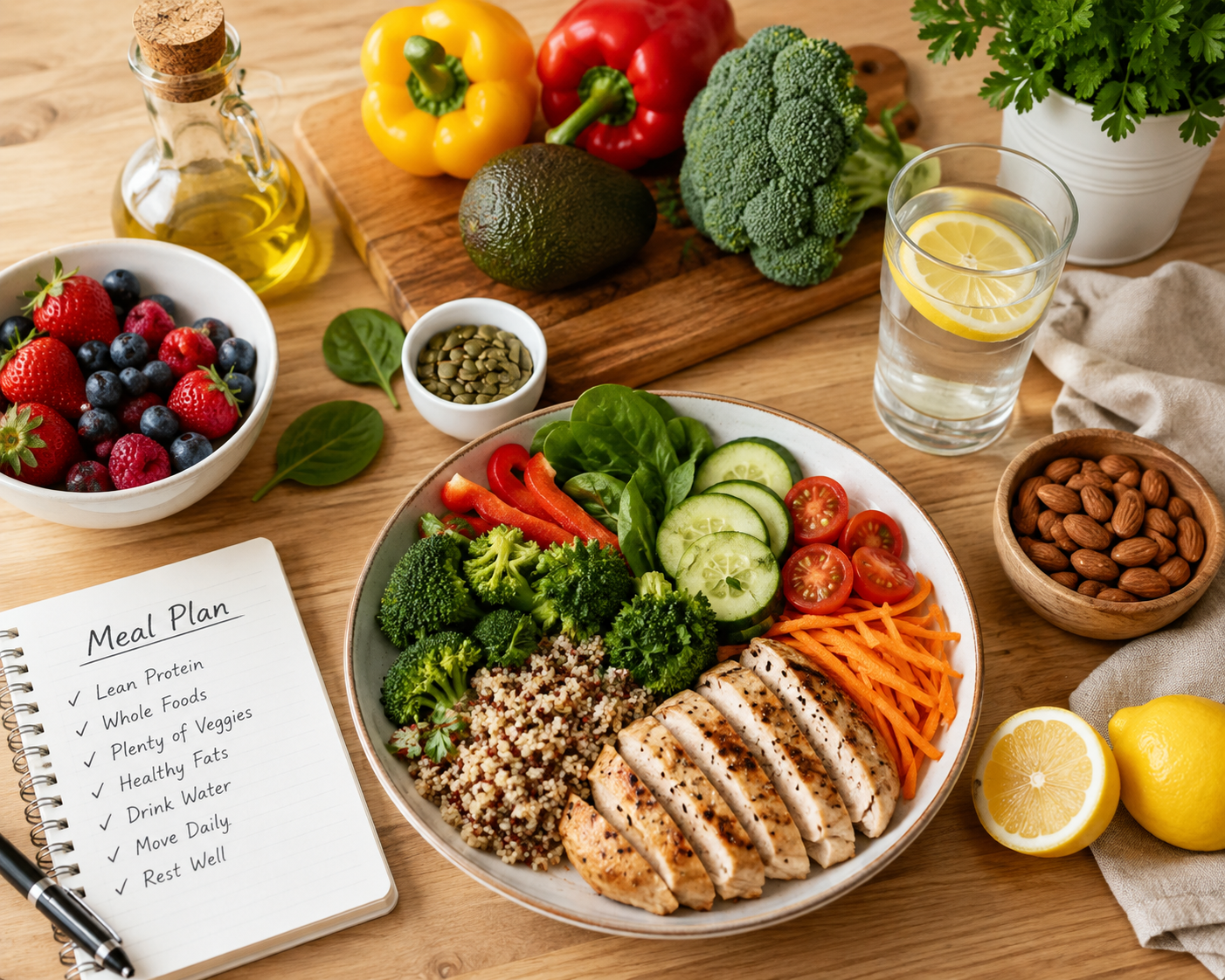 Fresh healthy meal with vegetables and whole foods