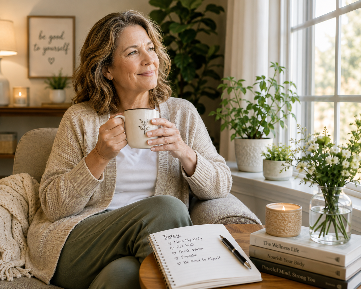 Woman enjoying a quiet moment as part of her wellness routine