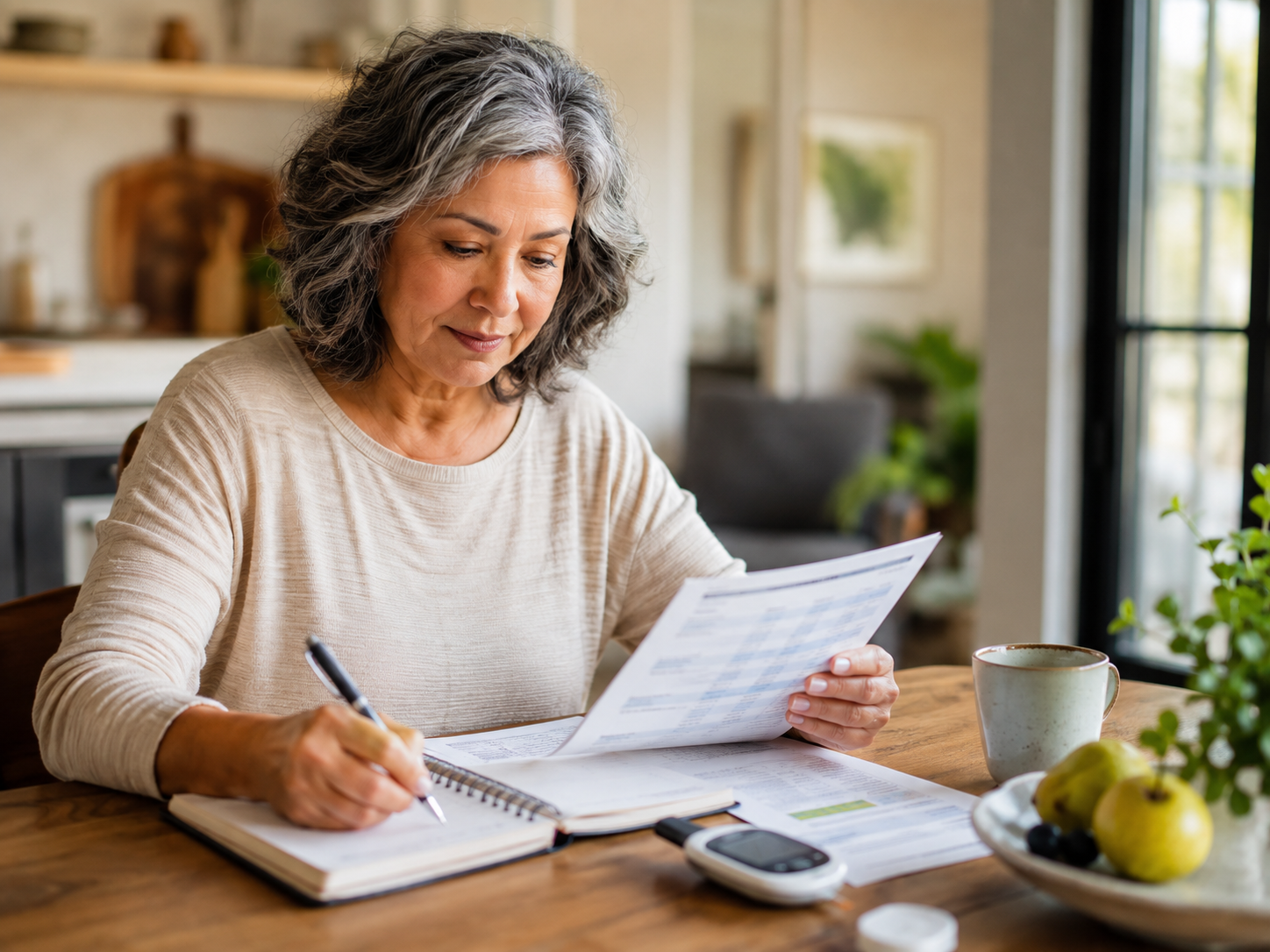 Person organizing blood pressure readings and notes