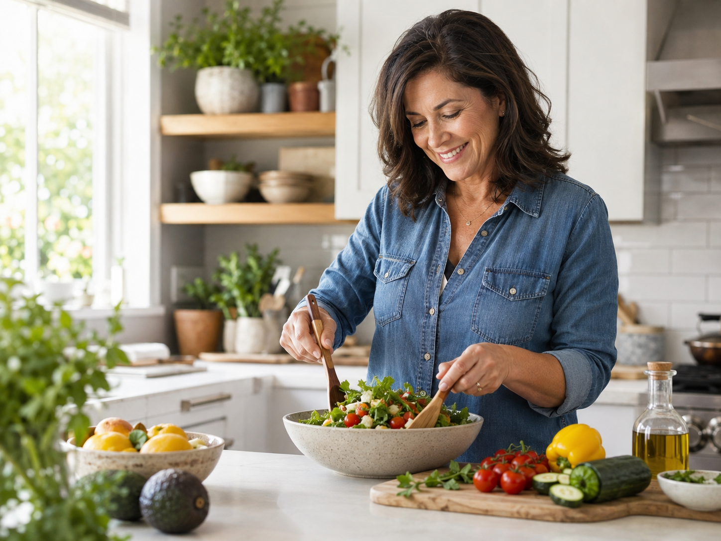 Woman preparing a fresh healthy meal in a bright kitchen