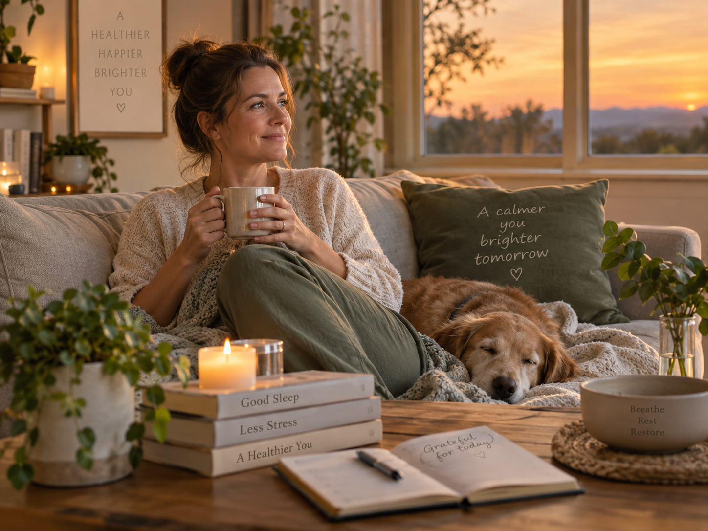 Person relaxing at home in a calm evening setting