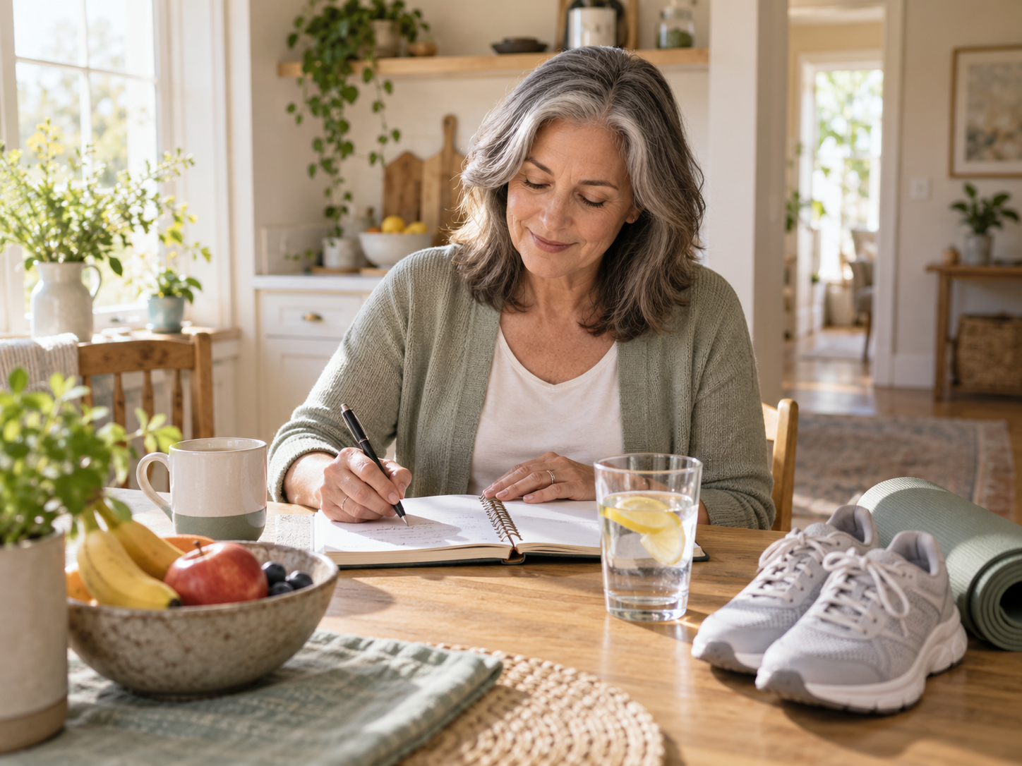 Woman building simple healthy habits with water, walking shoes, and a wellness notebook