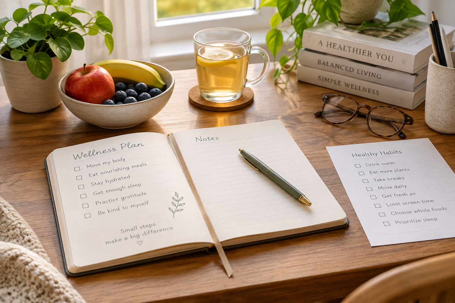 Wellness planner, healthy foods, water, and notes for organizing midlife health habits