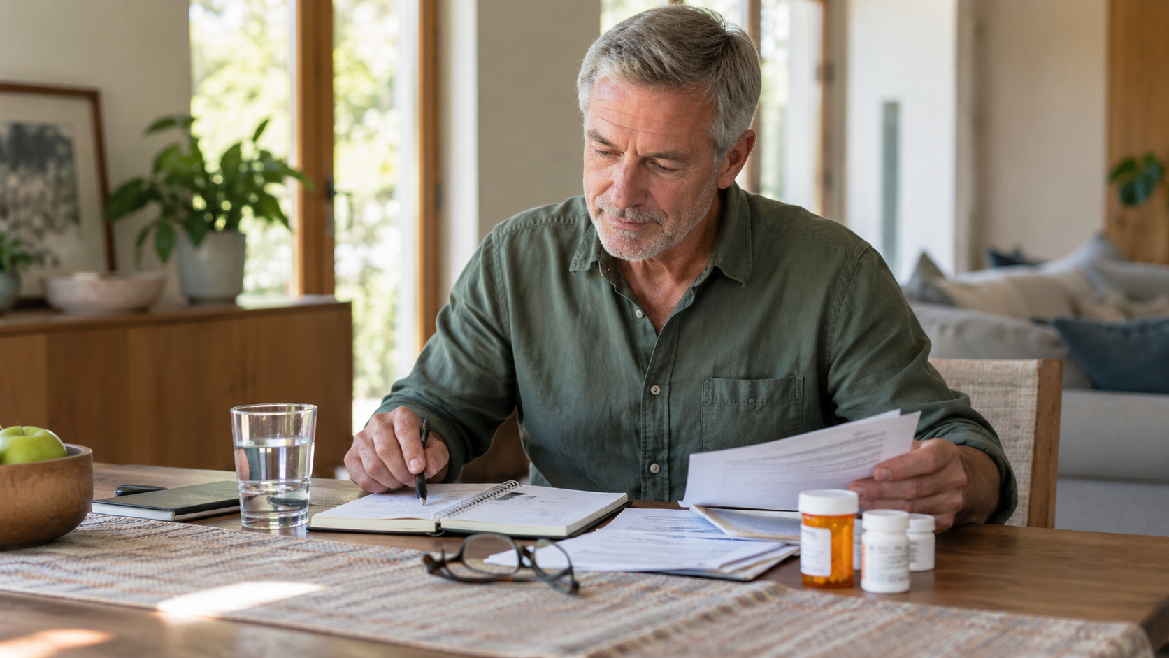 Man organizing health information and questions for an upcoming medical appointment Man organizing health information and questions for an upcoming medical appointment