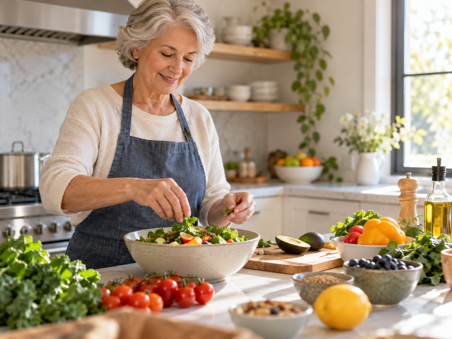 Older adult preparing a simple nutritious meal as part of a healthy aging routine