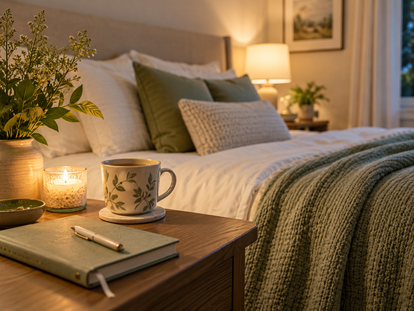 Peaceful bedroom with soft lighting, a journal, and a calming bedtime routine