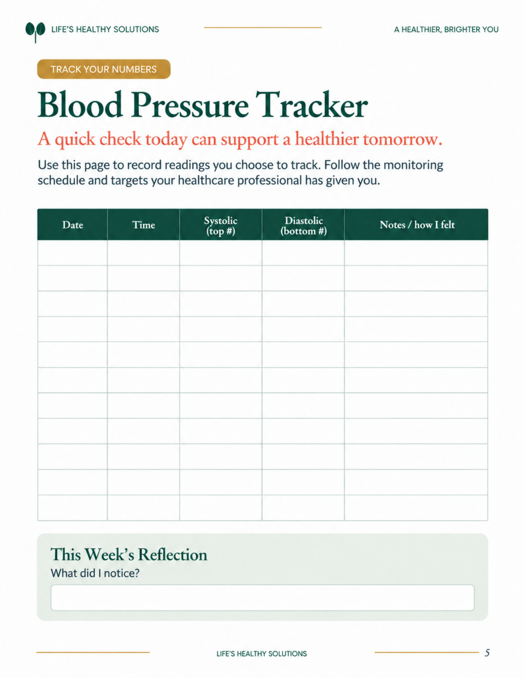 Healthy Numbers Wellness Workbook health tracker sample page