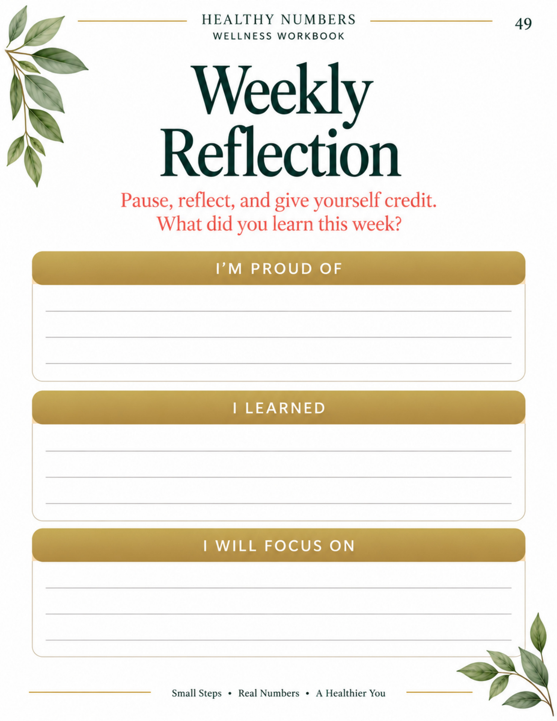 Healthy Numbers Wellness Workbook weekly reflection sample page