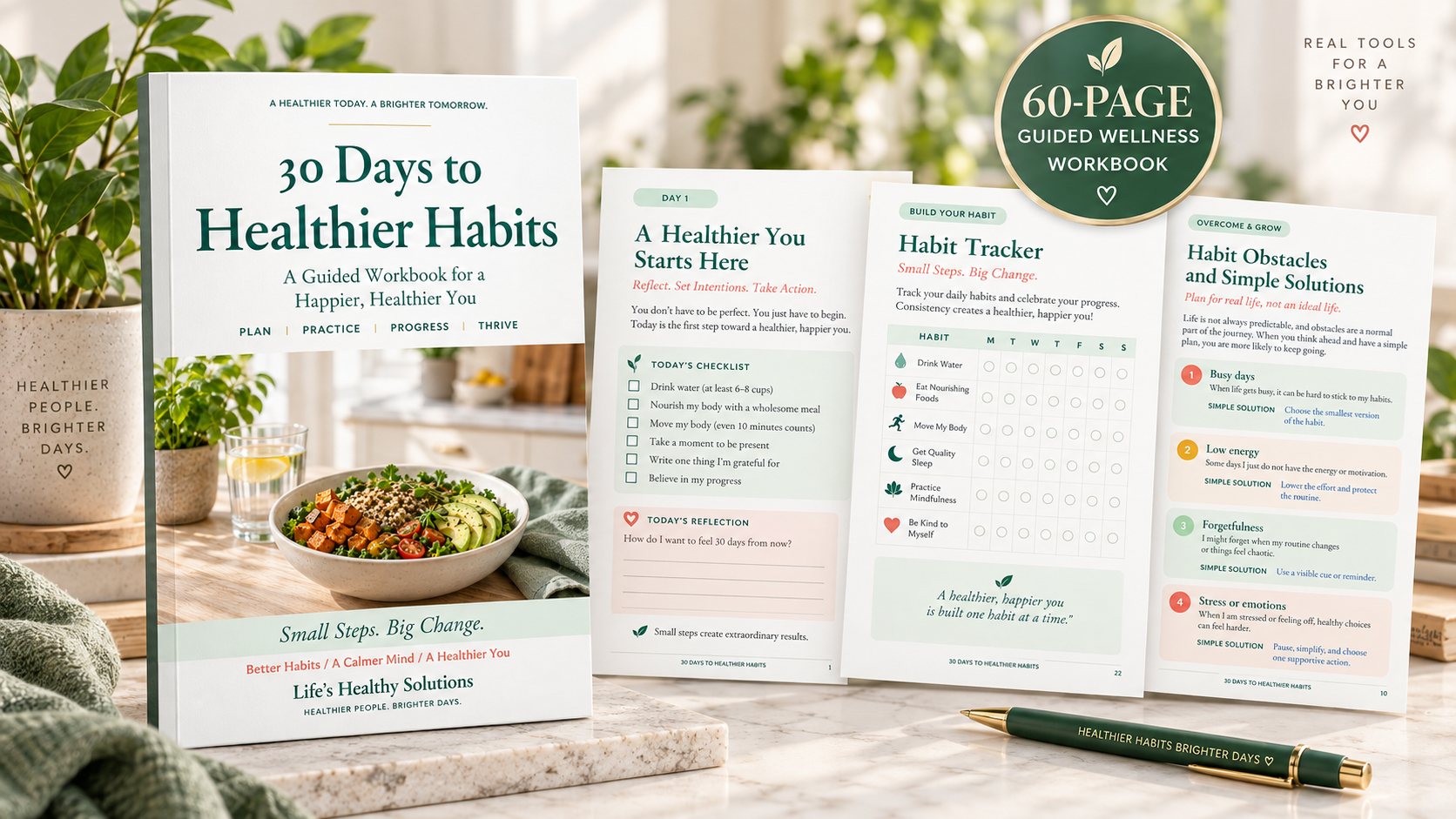 30 Days to Healthier Habits 60-page guided wellness workbook from Life's Healthy Solutions