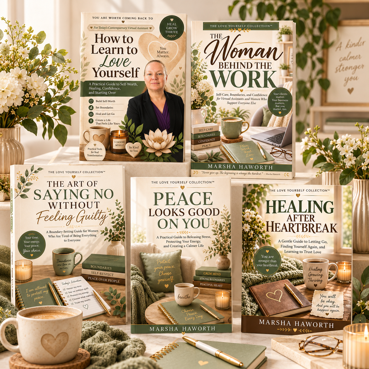 The Love Yourself Collection five-book set displayed with journals, flowers, candles, and coffee in a warm lifestyle setting.