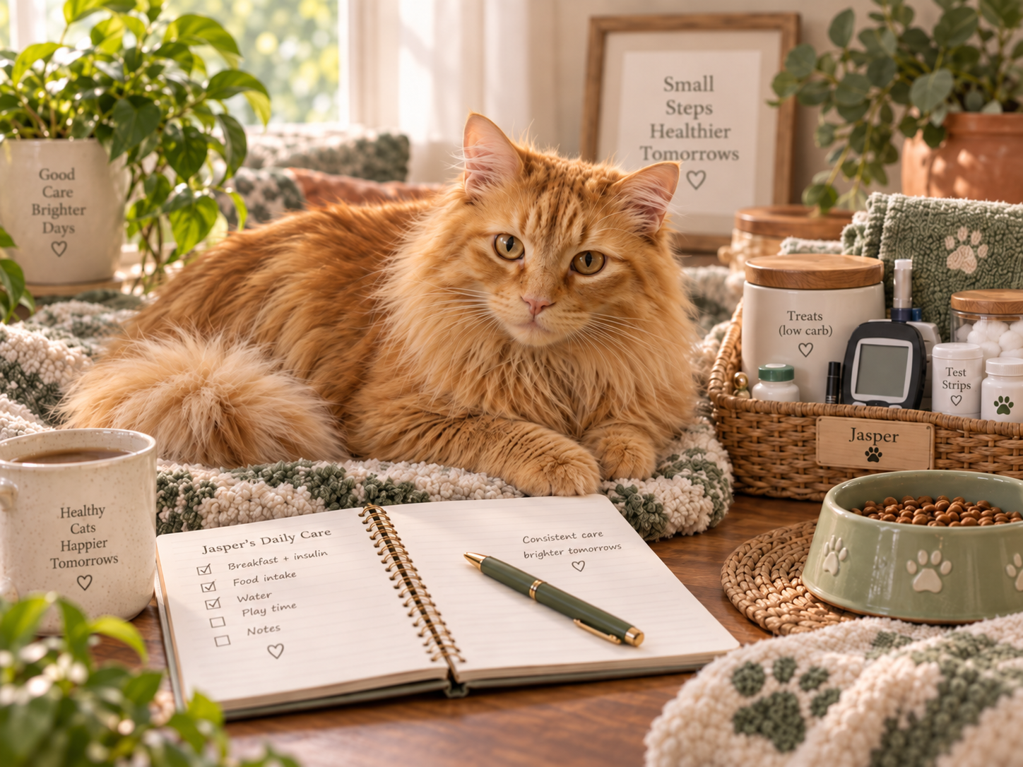 Jasper, a fluffy orange cat with a warm creamy-orange muzzle, relaxing beside a daily diabetic cat care notebook and organized supplies