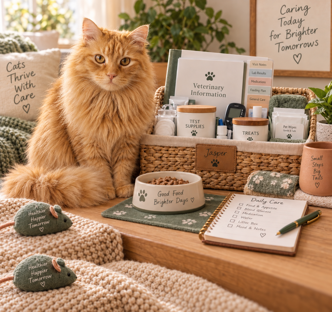 Jasper, a fluffy orange cat with a warm cream muzzle, beside an organized diabetic cat care station with veterinary information and supplies