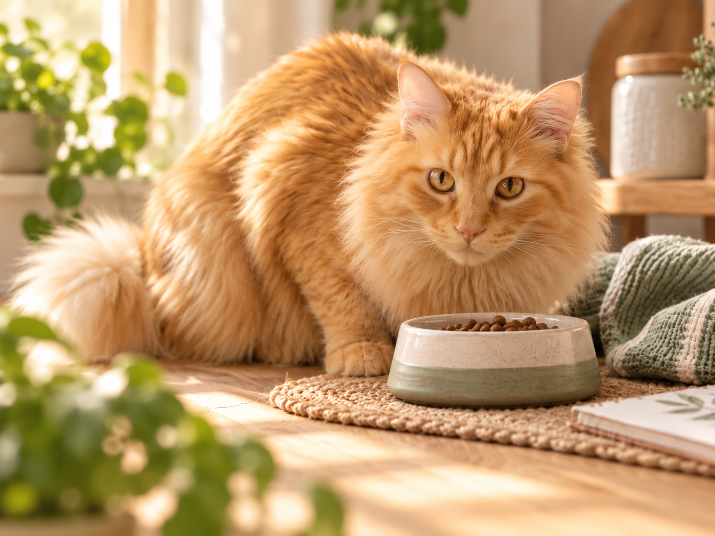 Jasper, a fluffy orange cat with a warm creamy-orange muzzle, relaxing near his food bowl in a calm home setting