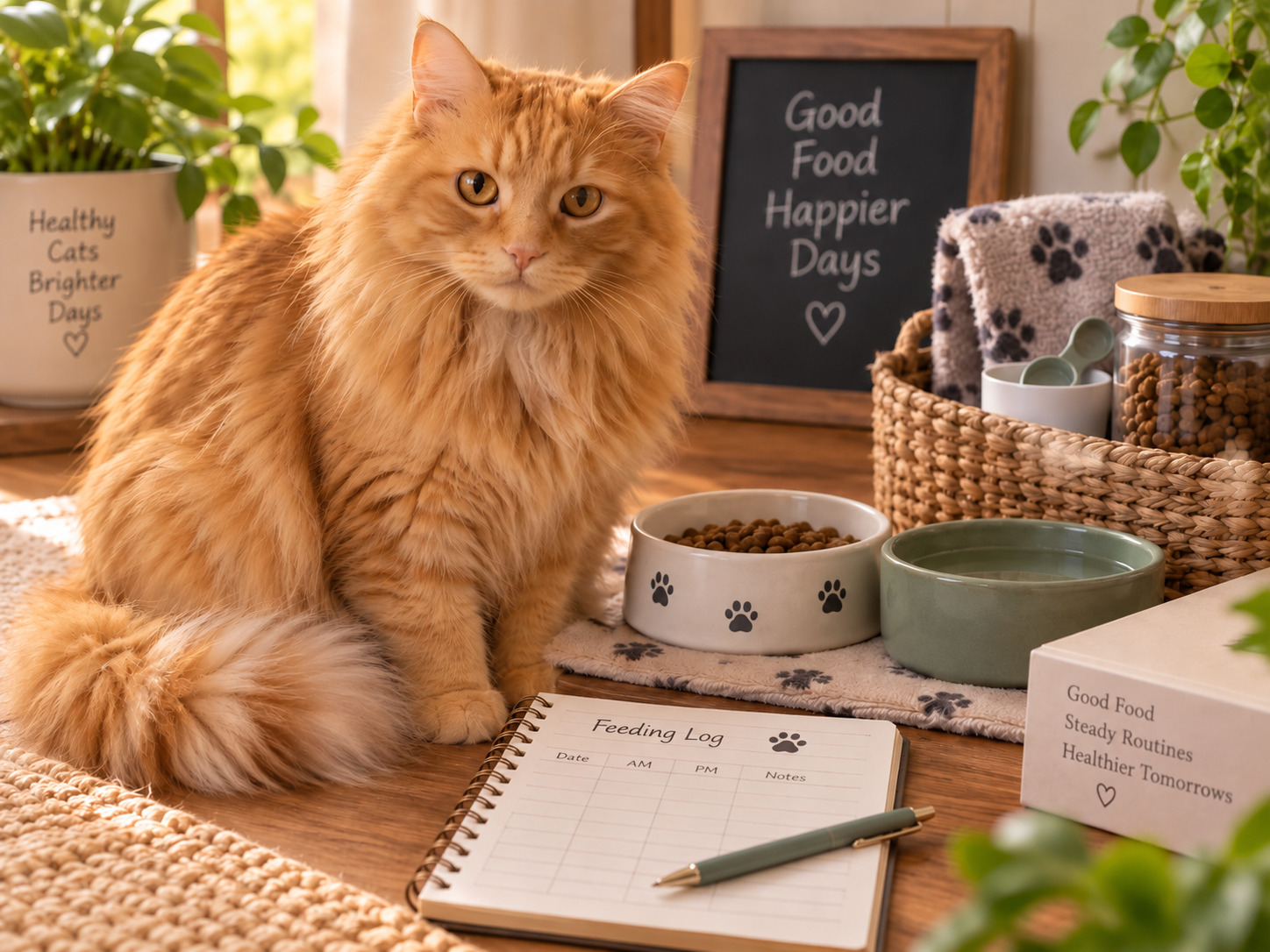 Organized diabetic cat feeding area with food bowl, care notebook, feeding notes, and tracking supplies in a warm home setting