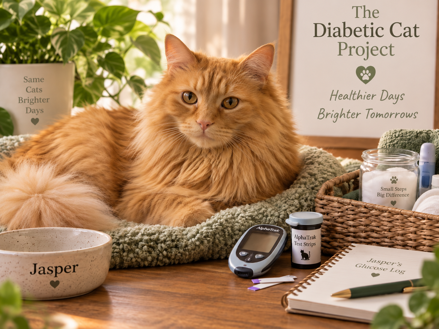 Jasper, a fluffy orange cat with a warm creamy-orange muzzle, resting near an organized diabetic cat monitoring log and care supplies