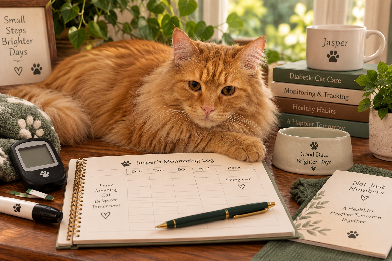 Organized diabetic cat monitoring station with glucose log, notebook, care records, pen, and veterinary information in a warm home setting