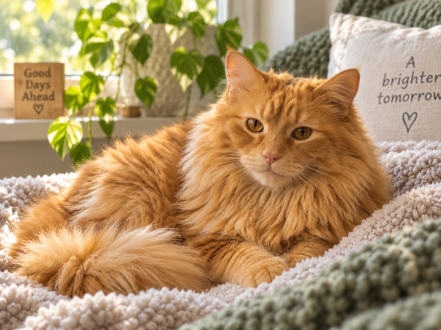 Jasper, a fluffy orange cat with amber-gold eyes and a warm cream muzzle, relaxing comfortably at home