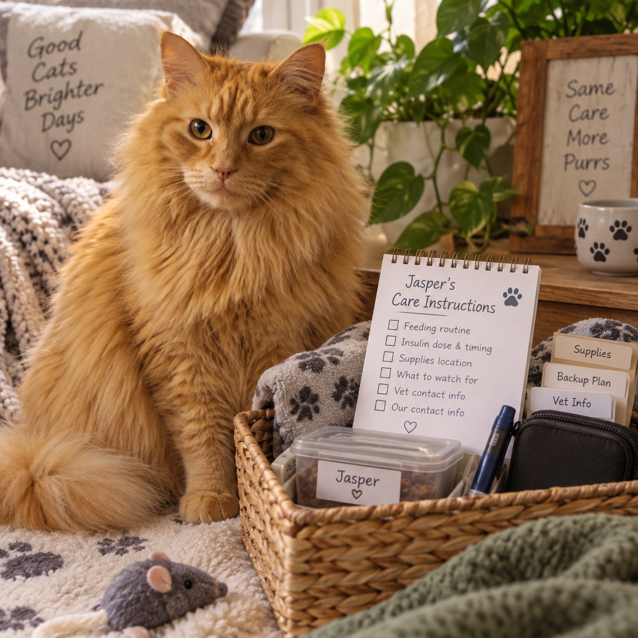 Jasper sitting beside organized written caregiver instructions, backup-care information, and diabetic cat supplies