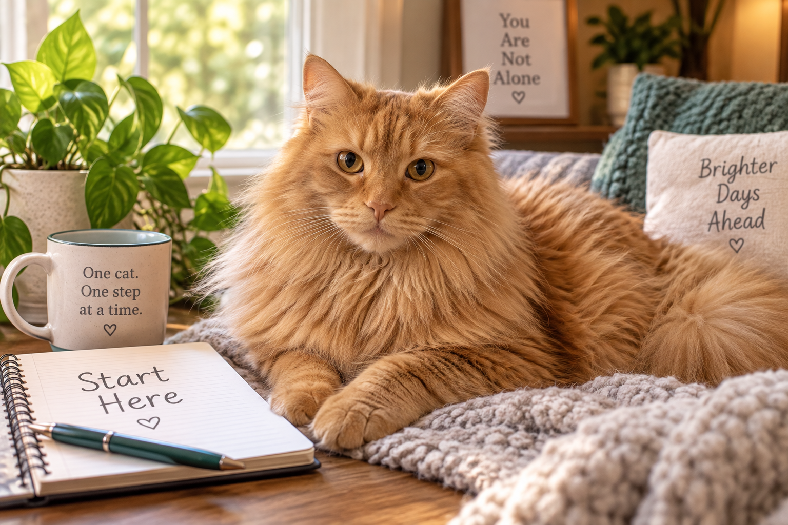 Jasper, a fluffy orange cat with amber-gold eyes and a warm cream muzzle, resting comfortably in a calm home setting