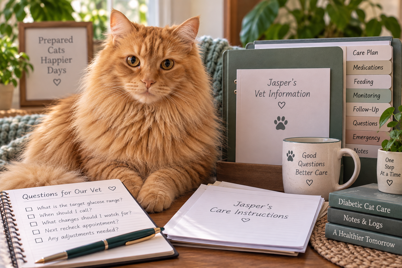 Jasper beside a veterinary information folder, question notebook, written care instructions, and organized diabetic cat records