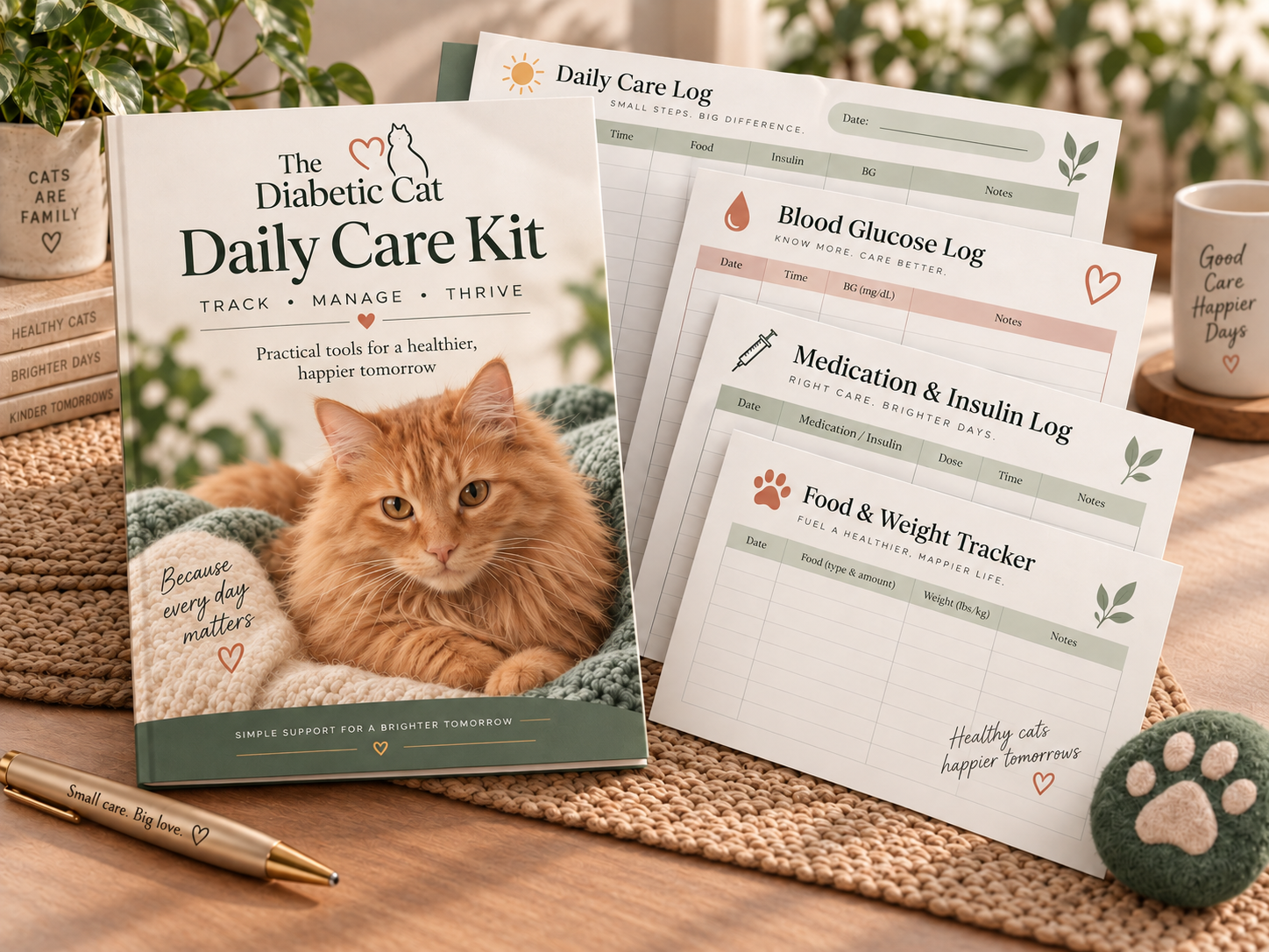 The Diabetic Cat Daily Care Kit with daily care, blood glucose, medication, insulin, food, and weight tracking pages