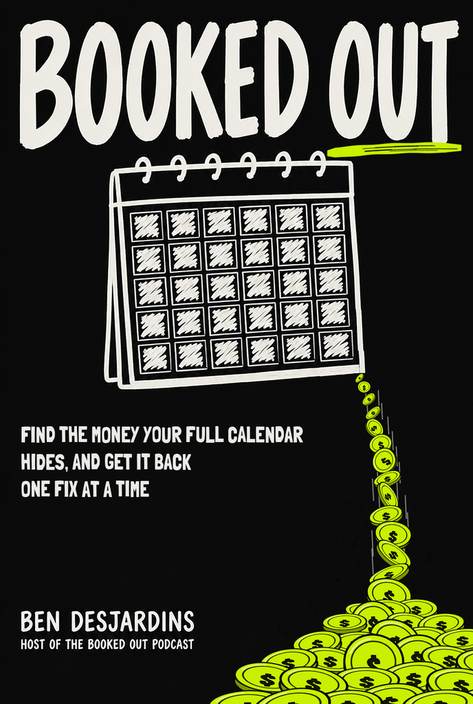 Cover of the book Booked Out: a dark cover with a hand-lettered title and coins falling from a calendar