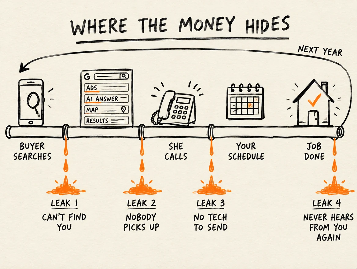 Hand-drawn flow of where the money hides in a home service company: the four leaks, from the search page to the phone, the schedule and, after the job is done, past customers