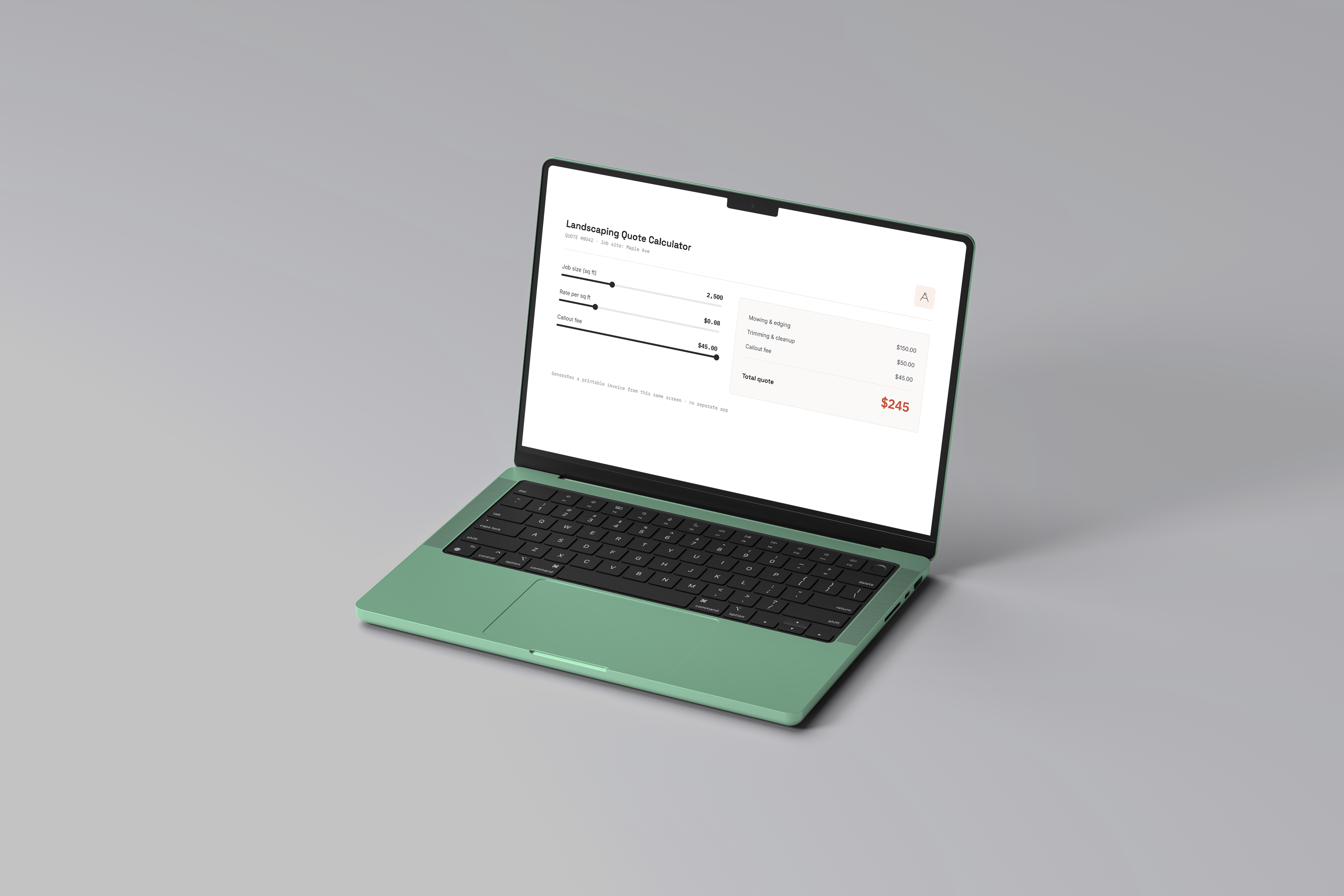 Landscaping Quote Calculator running on a laptop