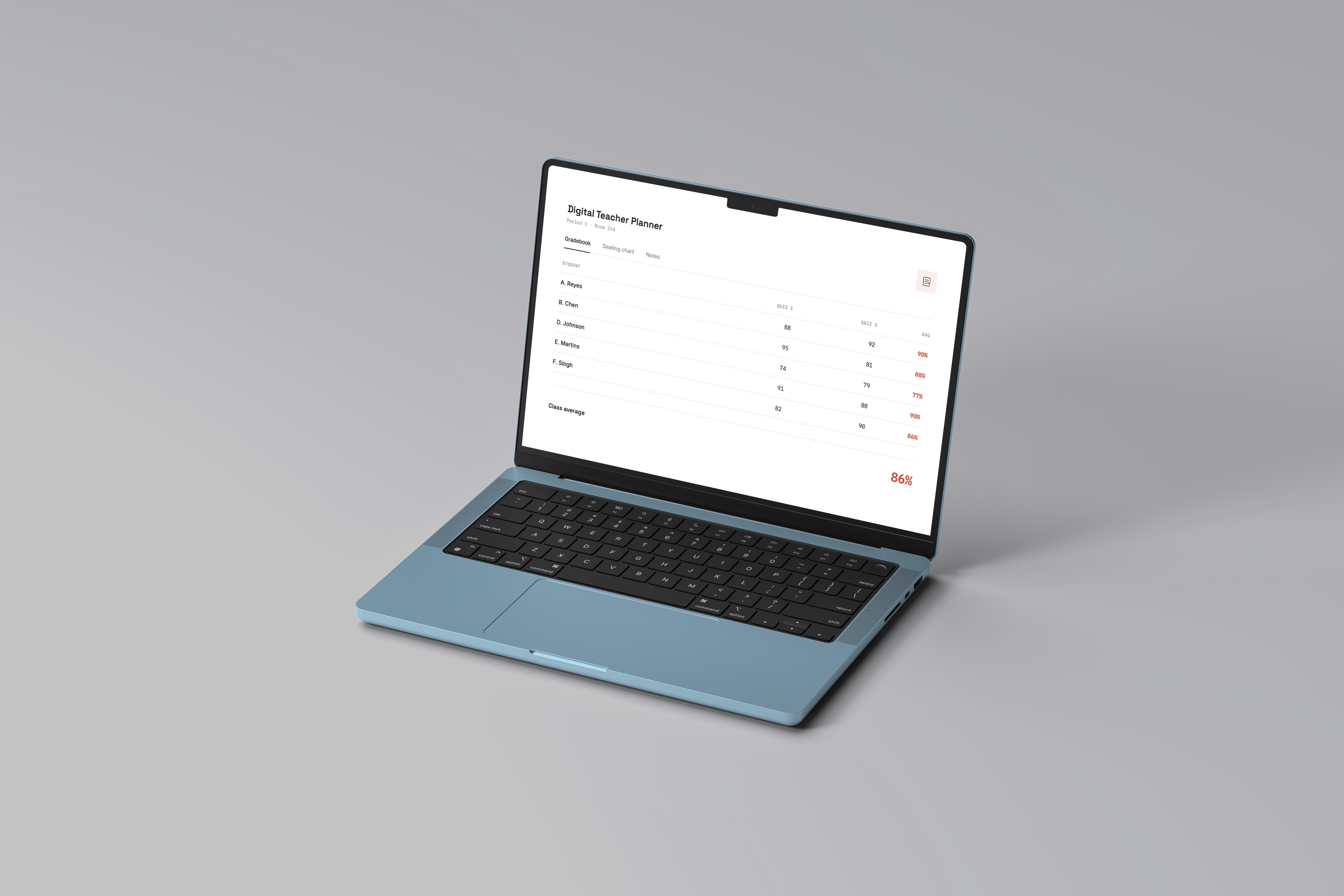 Digital Teacher Planner gradebook running on a laptop