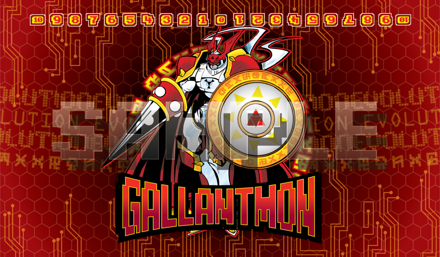 Gallantmon Digimon TCG fan-art playmat — The Royal Knight and Mega form of Guilmon from Digimon Tamers, clad in Chrome Digizoid armor. 24x14 inch cloth top playmat with anti-slip base.