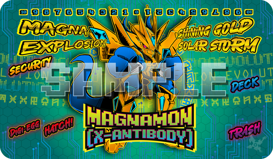 Magnamon X Digimon TCG fan-art playmat — The X-Antibody carrier whose Chrome Digizoid armor transforms into an invulnerable Gold Digizoid State. 24x14 inch cloth top playmat with anti-slip base.