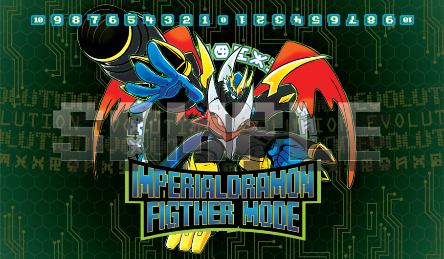 Imperialdramon Fighter Mode Digimon TCG fan-art playmat — The Mega form of Daisuke and Ken from Digimon Adventure 02, predecessor to the legendary Paladin Mode. 24x14 inch cloth top playmat with anti-slip base.