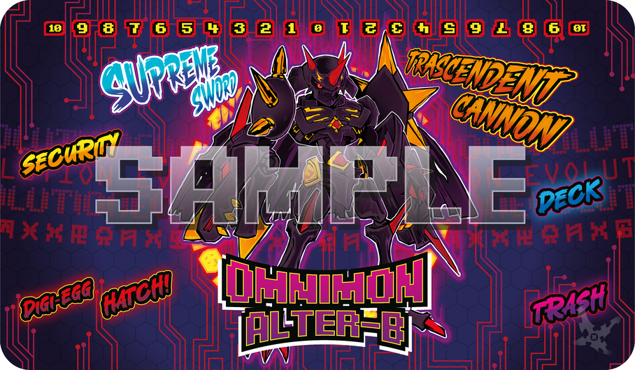 Omnimon Alter-B Digimon TCG fan-art playmat — The corrupted black form of the Holy Warrior, born when dark corruption overtook Omnimon Alter-S. 24x14 inch cloth top playmat with anti-slip base.