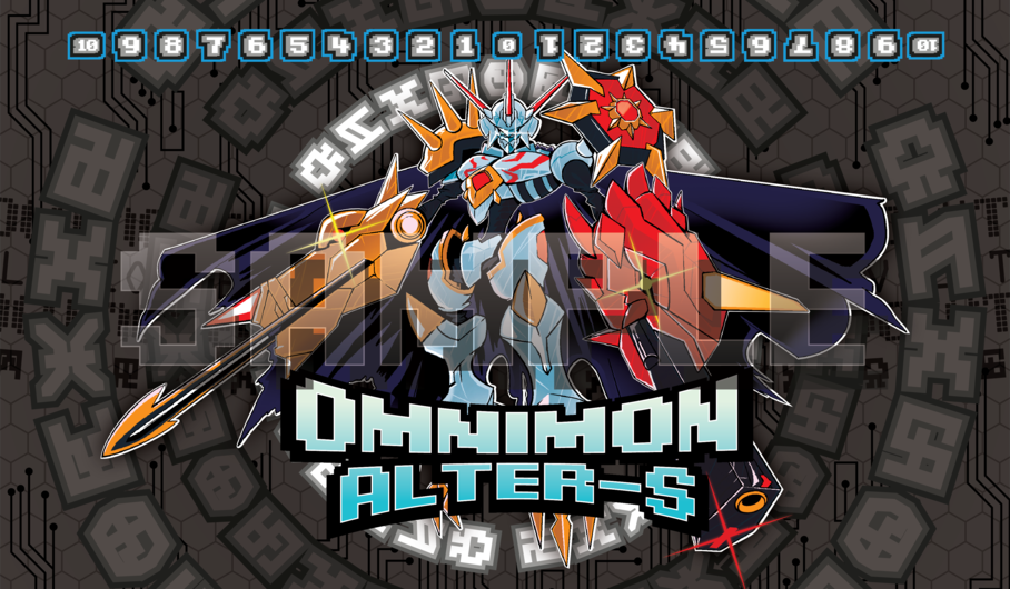 Omnimon Alter-S Digimon TCG fan-art playmat — The Holy Warrior born from the fusion of BlitzGreymon and CresGarurumon. 24x14 inch cloth top playmat with anti-slip base.