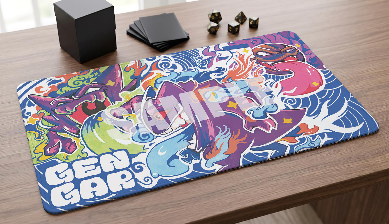 Gengar Pokémon TCG fan-art playmat — The fully-evolved form of Gastly, known for lurking in shadows and its unmistakably mischievous grin. 24x14 inch cloth top playmat with anti-slip base.