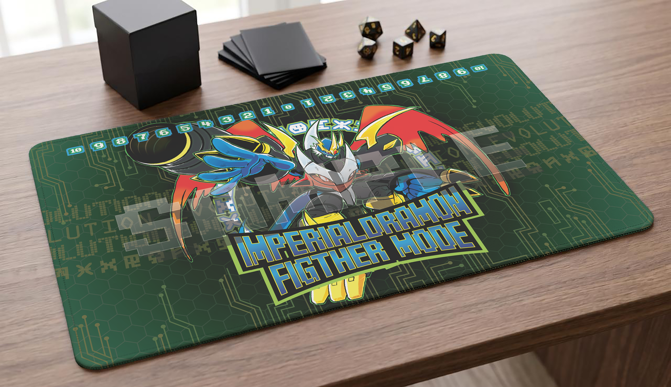 Imperialdramon Fighter Mode Digimon TCG fan-art playmat — The Mega form of Daisuke and Ken from Digimon Adventure 02, predecessor to the legendary Paladin Mode. 24x14 inch cloth top playmat with anti-slip base.