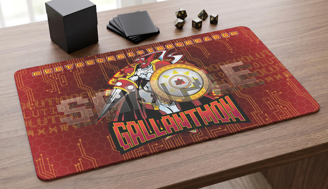 Gallantmon Digimon TCG fan-art playmat — The Royal Knight and Mega form of Guilmon from Digimon Tamers, clad in Chrome Digizoid armor. 24x14 inch cloth top playmat with anti-slip base.