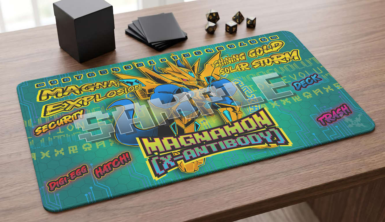 Magnamon X Digimon TCG fan-art playmat — The X-Antibody carrier whose Chrome Digizoid armor transforms into an invulnerable Gold Digizoid State. 24x14 inch cloth top playmat with anti-slip base.