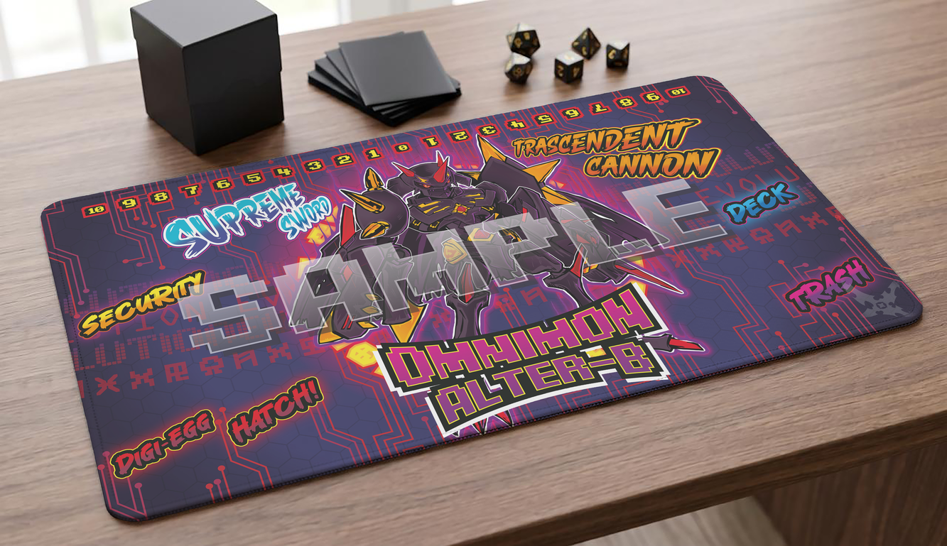 Omnimon Alter-B Digimon TCG fan-art playmat — The corrupted black form of the Holy Warrior, born when dark corruption overtook Omnimon Alter-S. 24x14 inch cloth top playmat with anti-slip base.