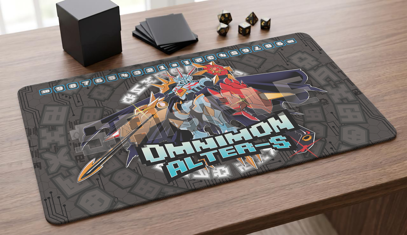 Omnimon Alter-S Digimon TCG fan-art playmat — The Holy Warrior born from the fusion of BlitzGreymon and CresGarurumon. 24x14 inch cloth top playmat with anti-slip base.