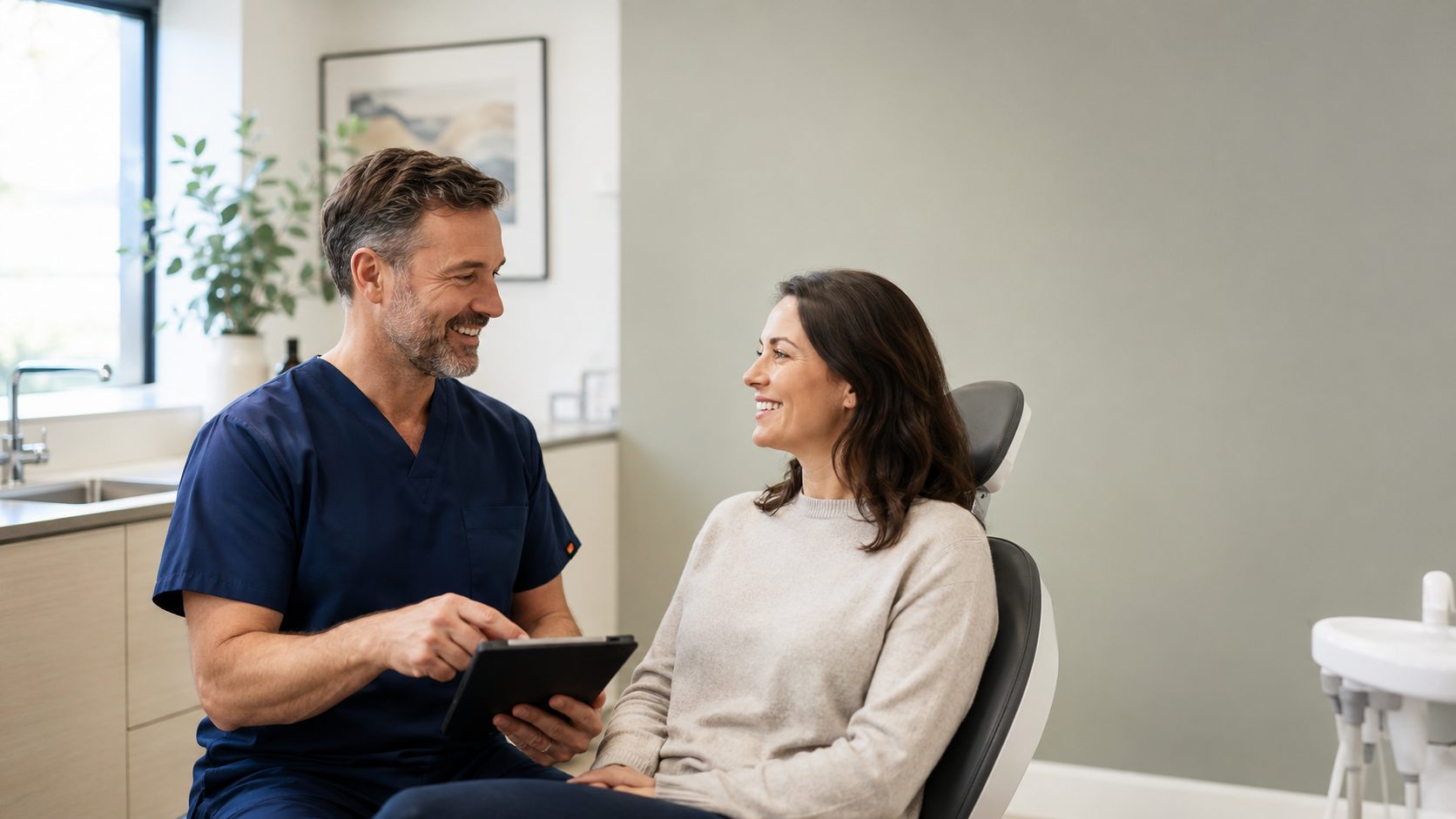 A dentist and patient discussing treatment in a modern clinic