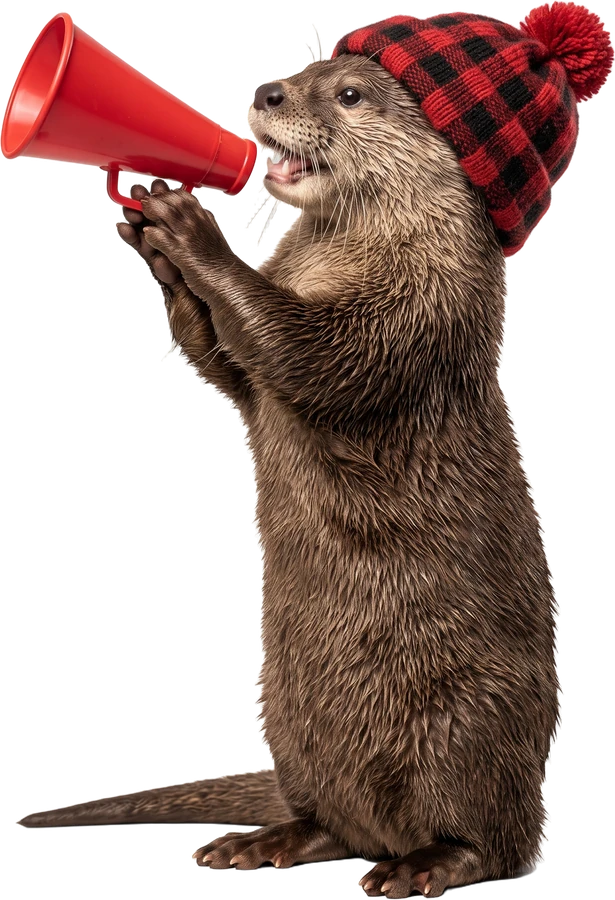 Otis the otter cheering through a small red bullhorn