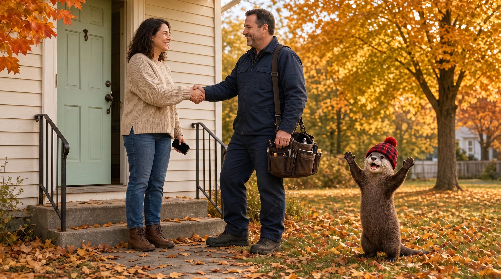 On her front step, a homeowner shakes hands with a smiling local tradesman while Otis the otter cheers from the lawn