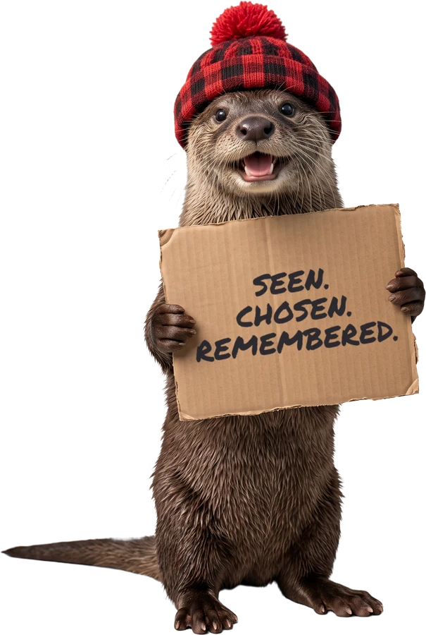 Otis the otter holding a hand-lettered cardboard sign that says Seen. Chosen. Remembered.