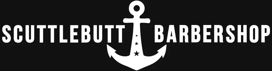 Scuttlebutt Barbershop logo with bold white text and a central anchor icon on a black background.