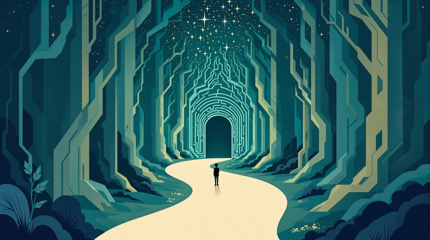 An illustrated figure standing on a path of light before a luminous archway in a starlit forest — the threshold of the journey through anxiety.