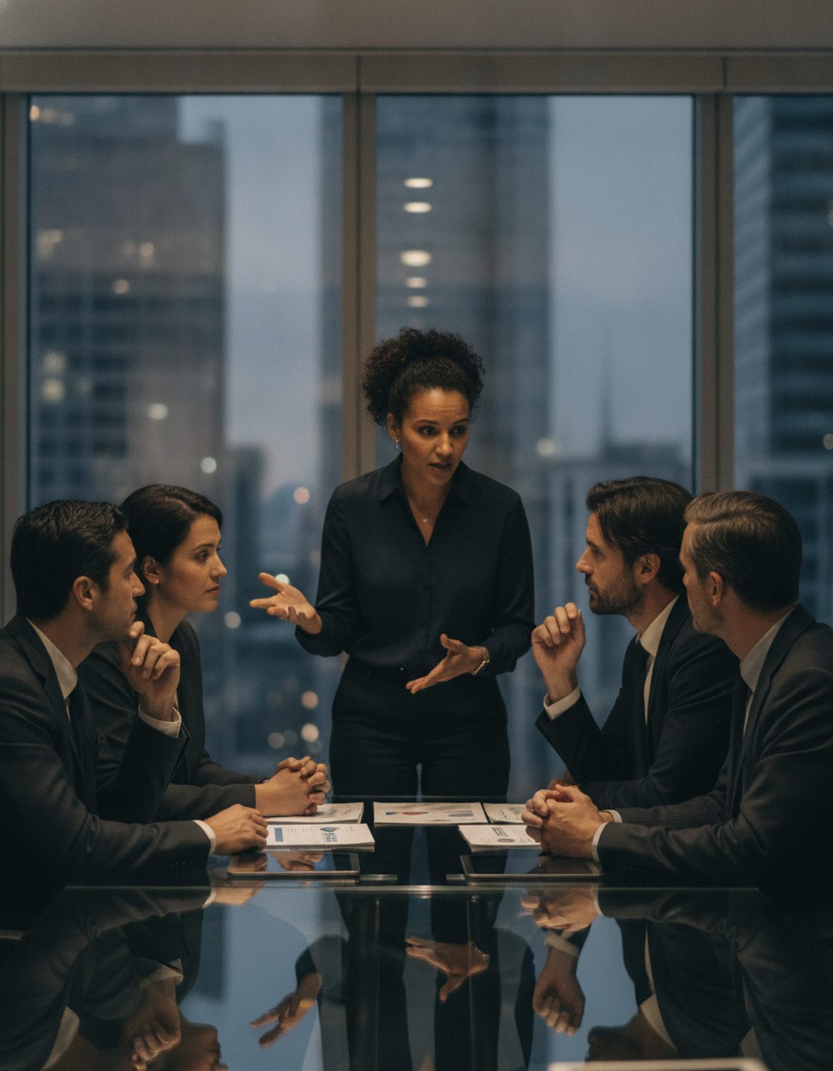 A leadership team debating a plan in a glass meeting room