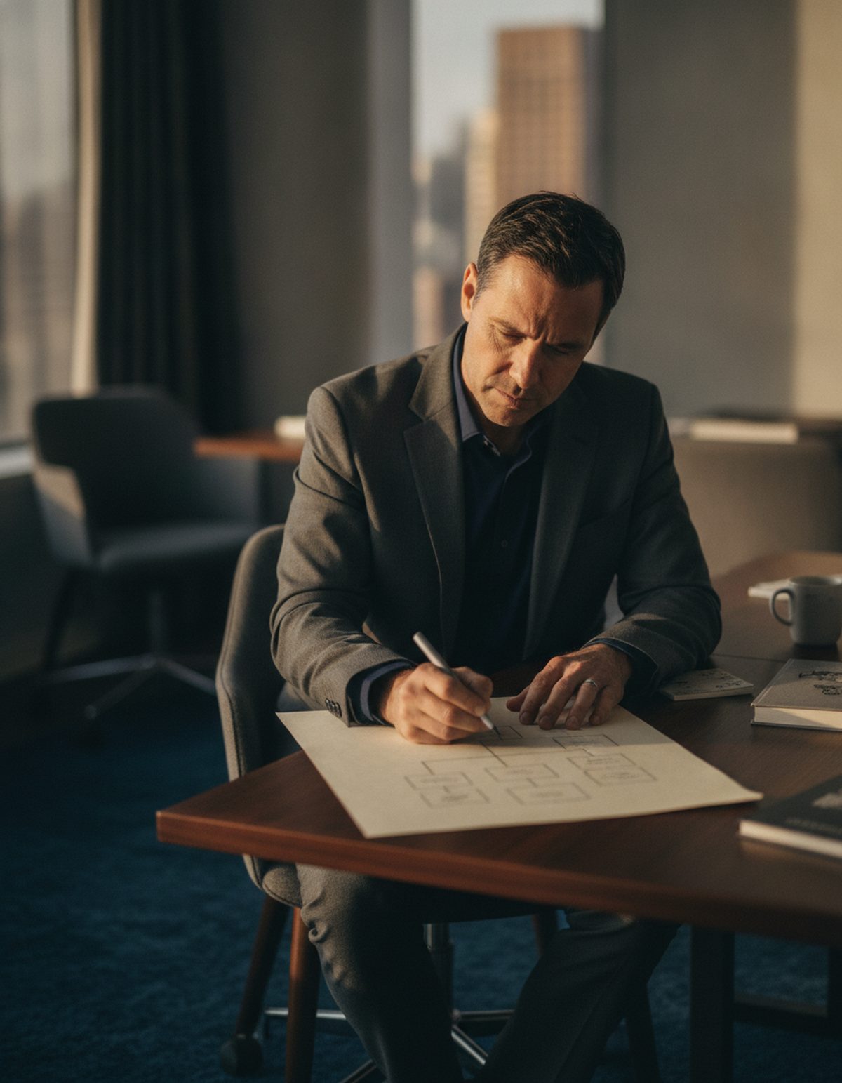 A founder sketching an organization chart at his desk
